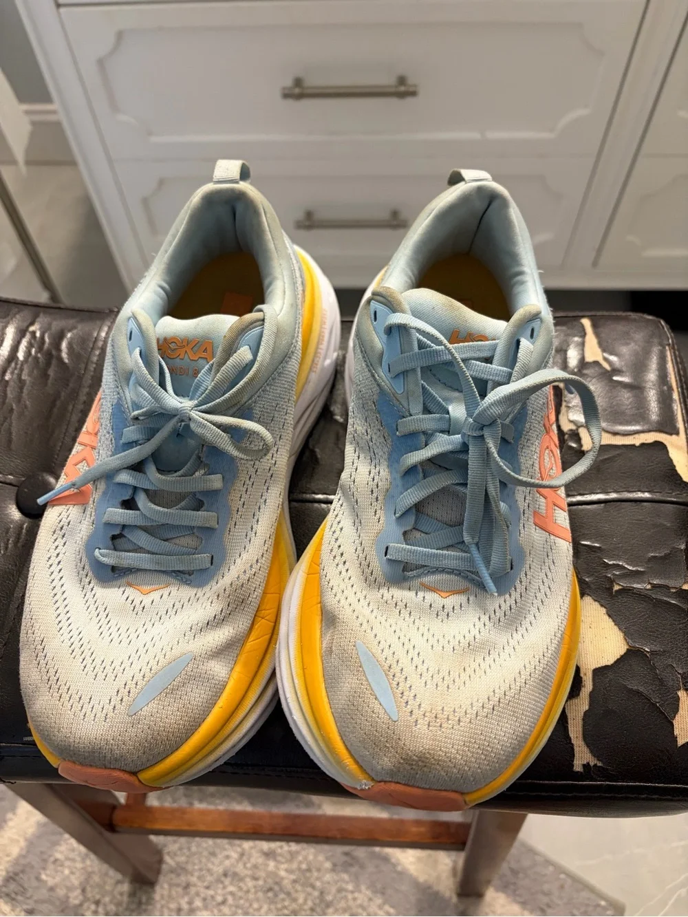 Hoka Light Blue & Yellow Platform Running Sneakers with Peach Logo - Picture 2 of 7